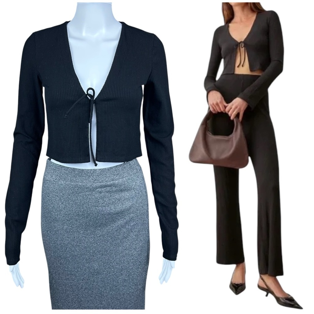 Reformation Mirabel Top MEDIUM Crop Ribbed Long Sleeve Coquette Academia
